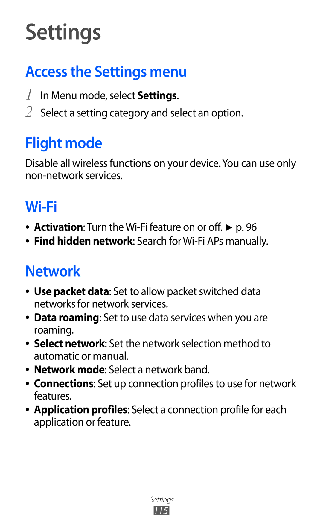 Samsung GT-S8530ISAXEZ, GT-S8530ISAVIA, GT-S8530HKAEPL, GT-S8530HKADBT Access the Settings menu, Flight mode, Network 