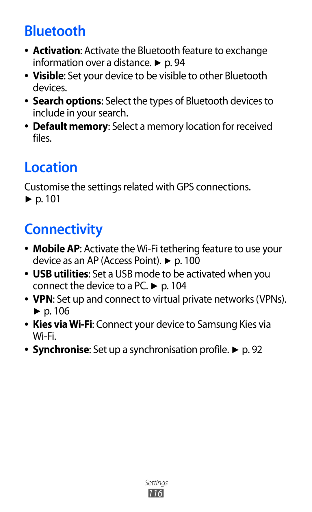 Samsung GT-S8530BAAXEZ, GT-S8530ISAVIA manual Location, Connectivity, Customise the settings related with GPS connections 