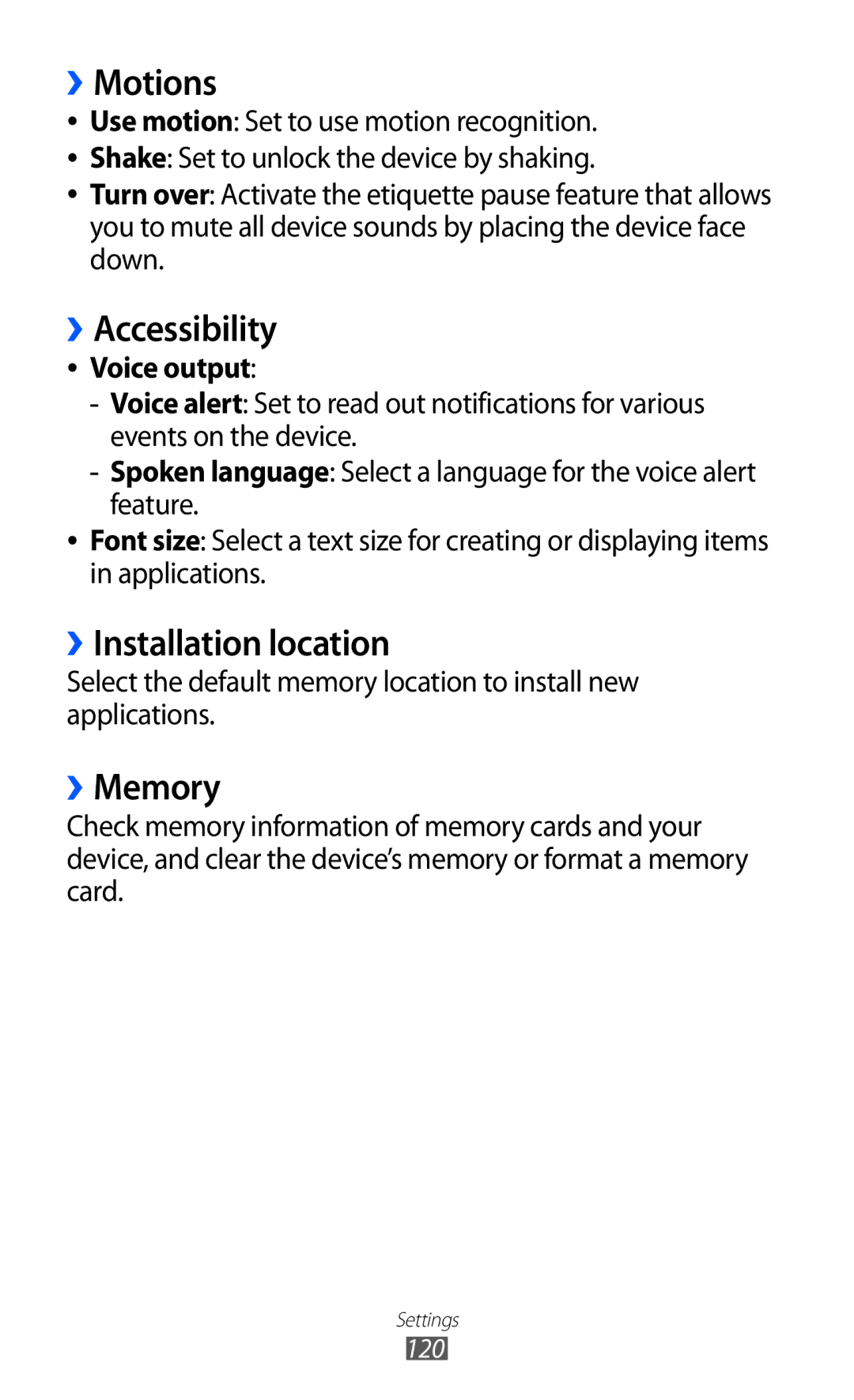 Samsung GT-S8530HKASER, GT-S8530ISAVIA manual ››Motions, ››Accessibility, ››Installation location, ››Memory, Voice output 