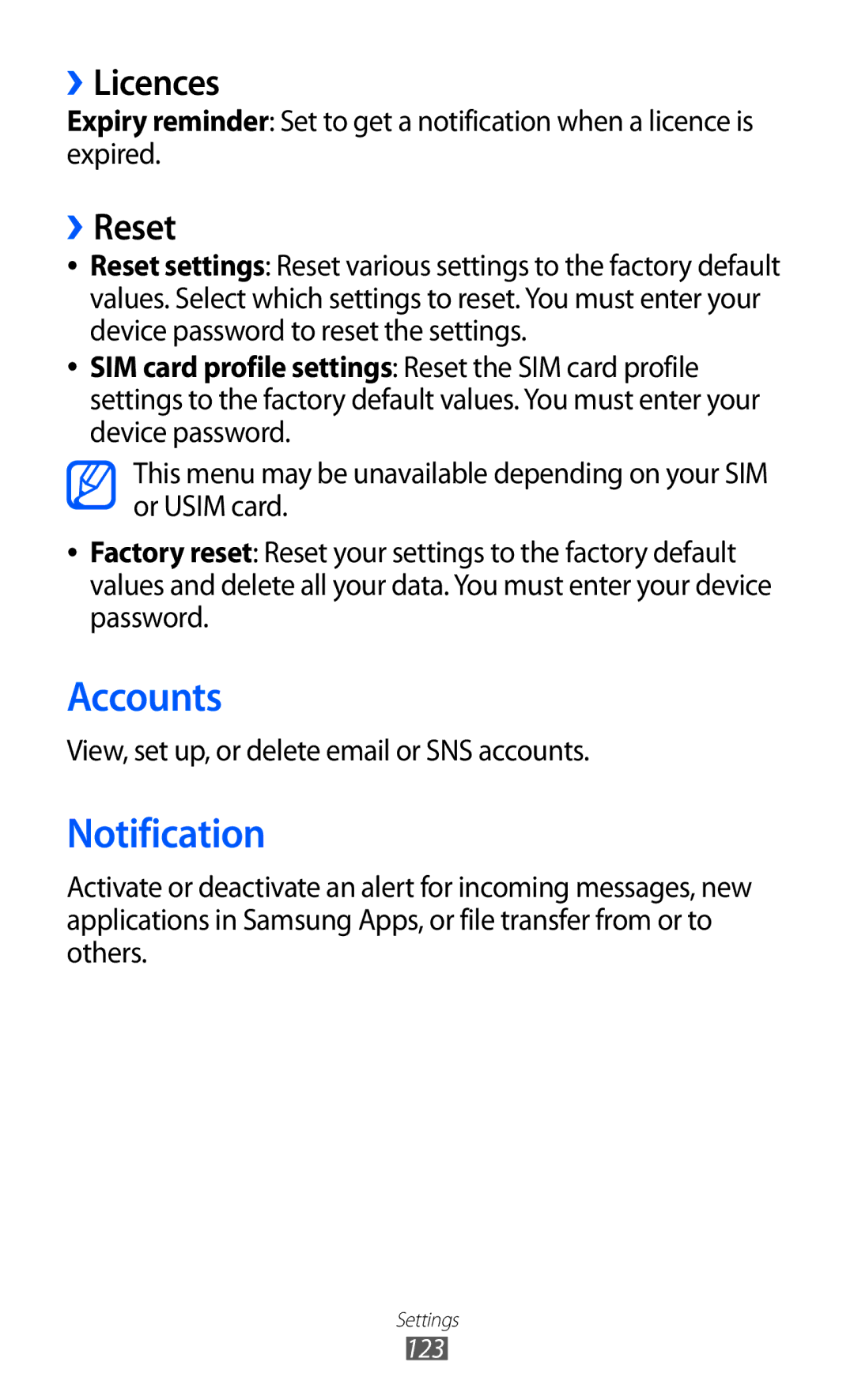 Samsung GT-S8530HKAEPL manual Accounts, Notification, ››Licences, ››Reset, View, set up, or delete email or SNS accounts 