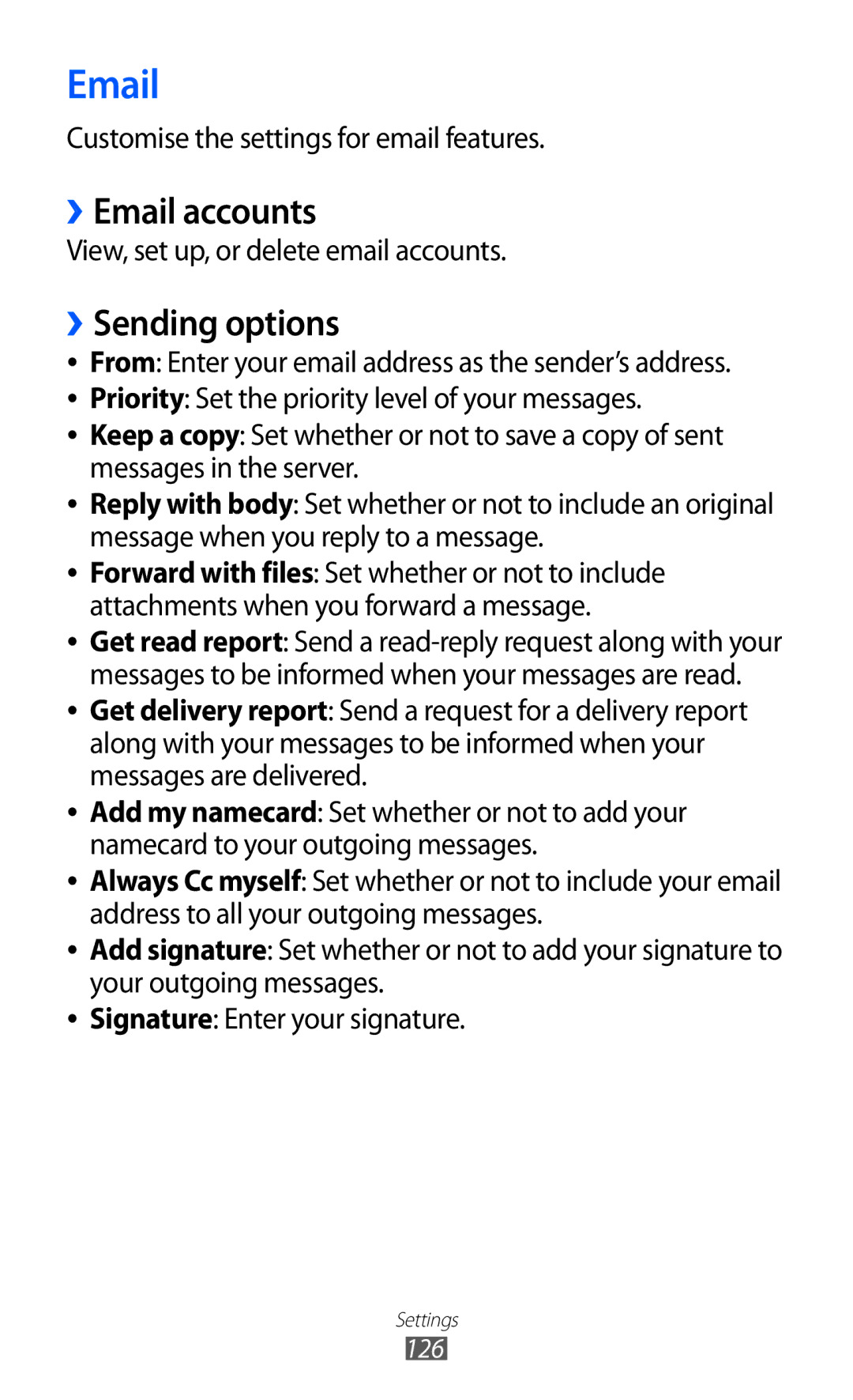 Samsung GT-S8530BAAVD2, GT-S8530ISAVIA manual ››Email accounts, ››Sending options, Customise the settings for email features 