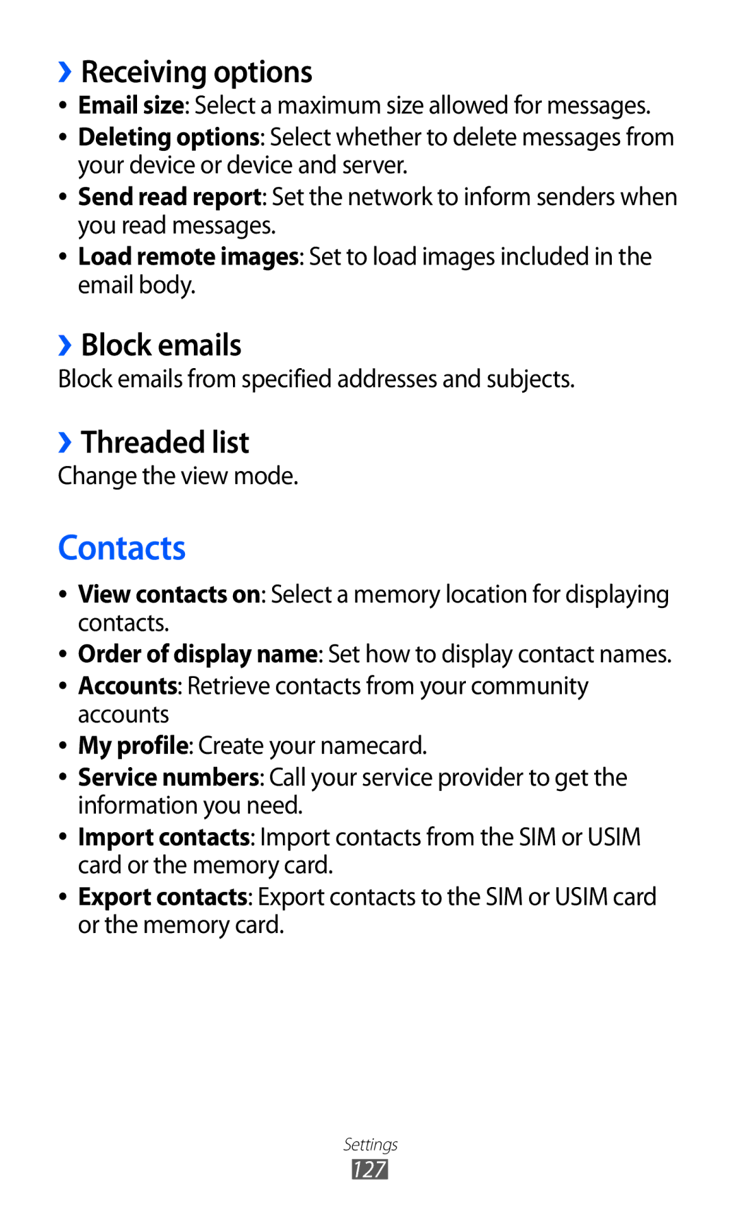 Samsung GT-S8530BAADBT, GT-S8530ISAVIA manual ››Receiving options, ››Block emails, ››Threaded list, Change the view mode 