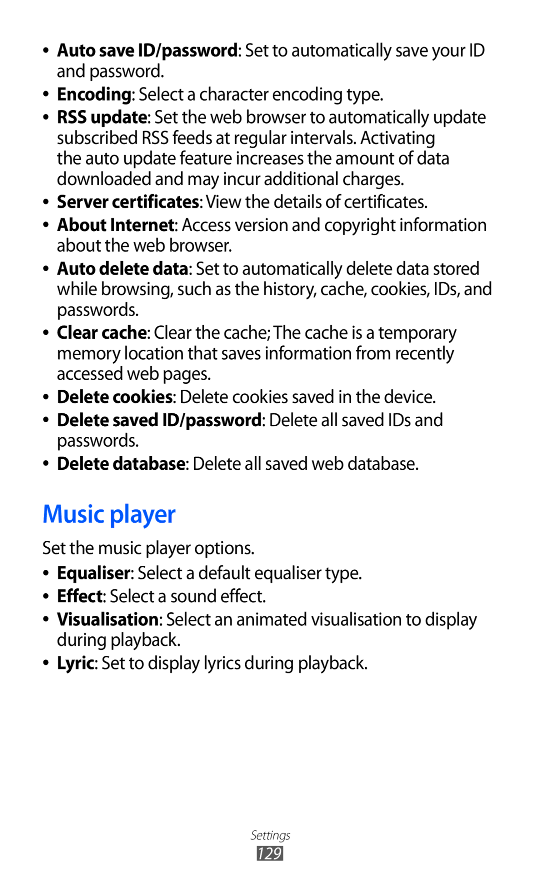 Samsung GT-S8530BAAEPL, GT-S8530ISAVIA manual Music player, Delete saved ID/password Delete all saved IDs and passwords 