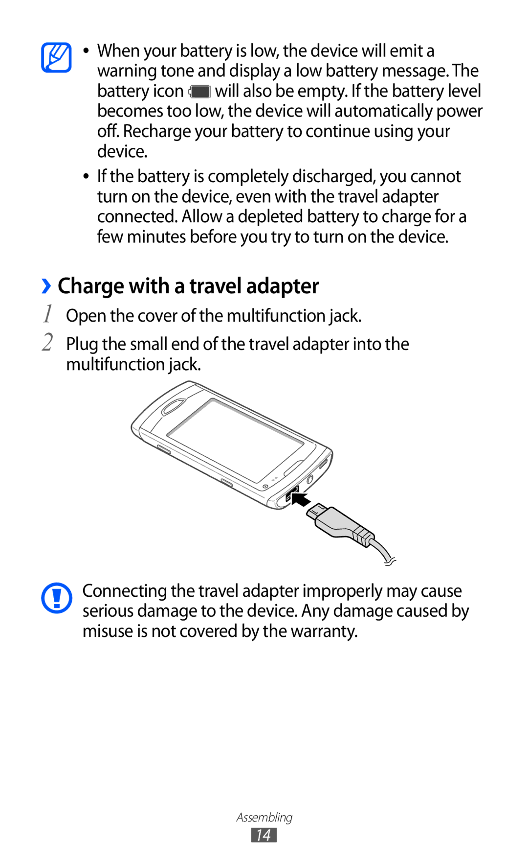 Samsung GT-S8530ISADBT, GT-S8530ISAVIA, GT-S8530HKAEPL, GT-S8530HKADBT, GT-S8530BAAVIA manual ››Charge with a travel adapter 