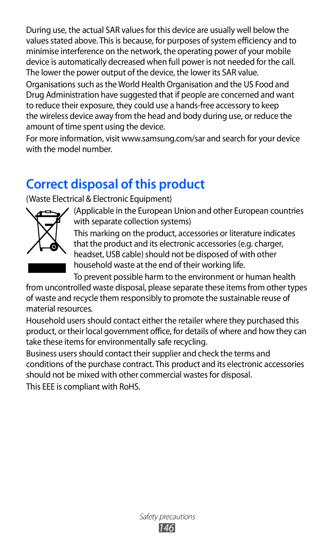 Samsung GT-S8530BAAFTM, GT-S8530ISAVIA, GT-S8530HKAEPL, GT-S8530HKADBT, GT-S8530BAAVIA manual Correct disposal of this product 