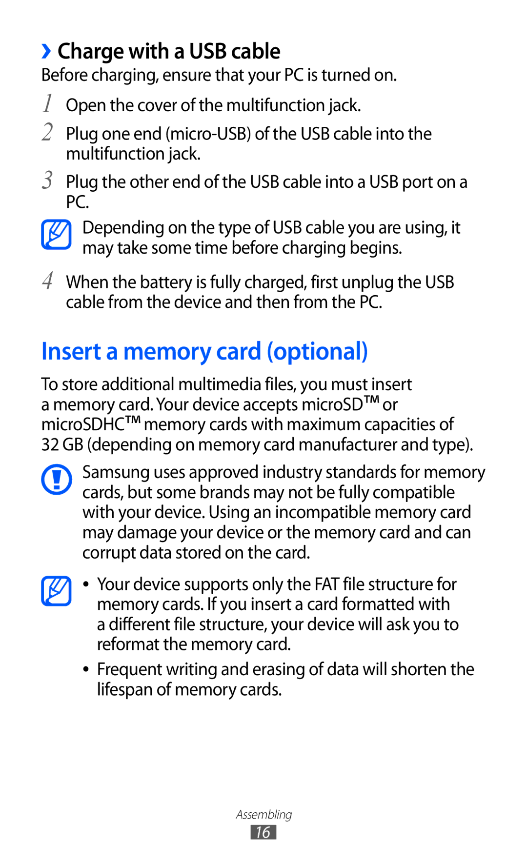 Samsung GT-S8530BAAXEF, GT-S8530ISAVIA, GT-S8530HKAEPL manual Insert a memory card optional, ››Charge with a USB cable 