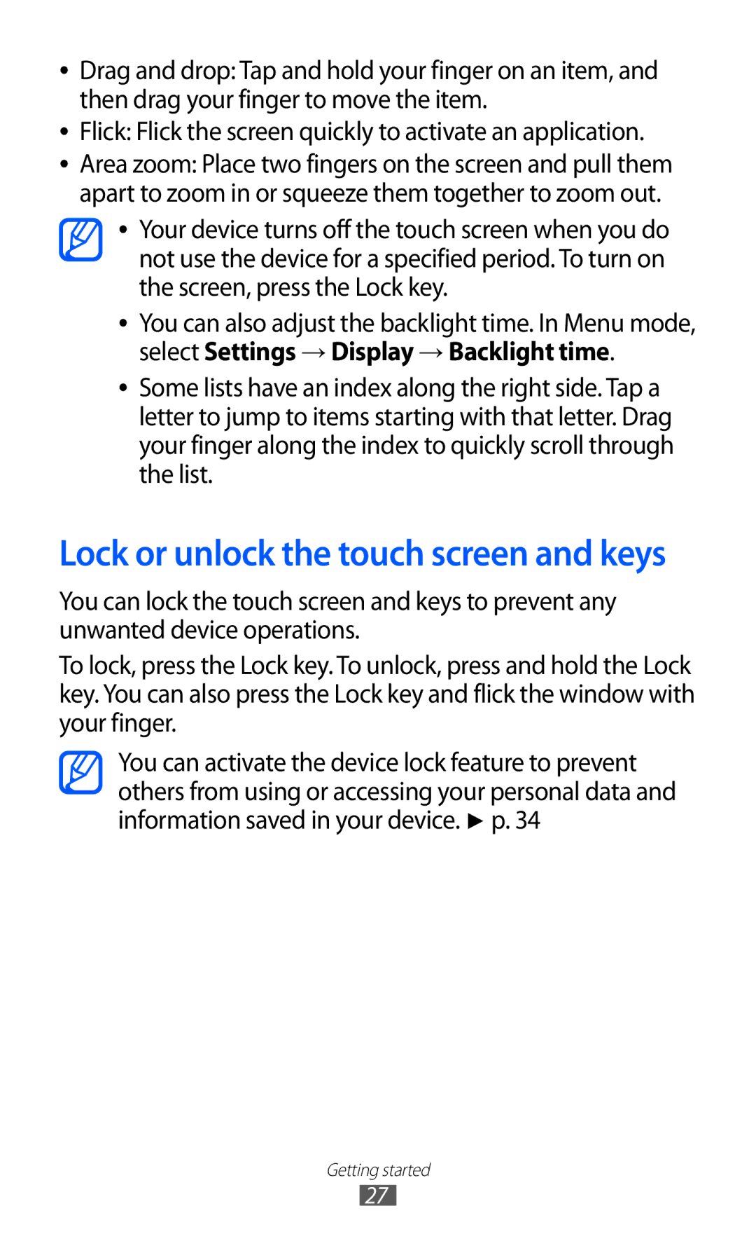 Samsung GT-S8530LIASFR, GT-S8530ISAVIA, GT-S8530HKAEPL, GT-S8530HKADBT manual Lock or unlock the touch screen and keys 