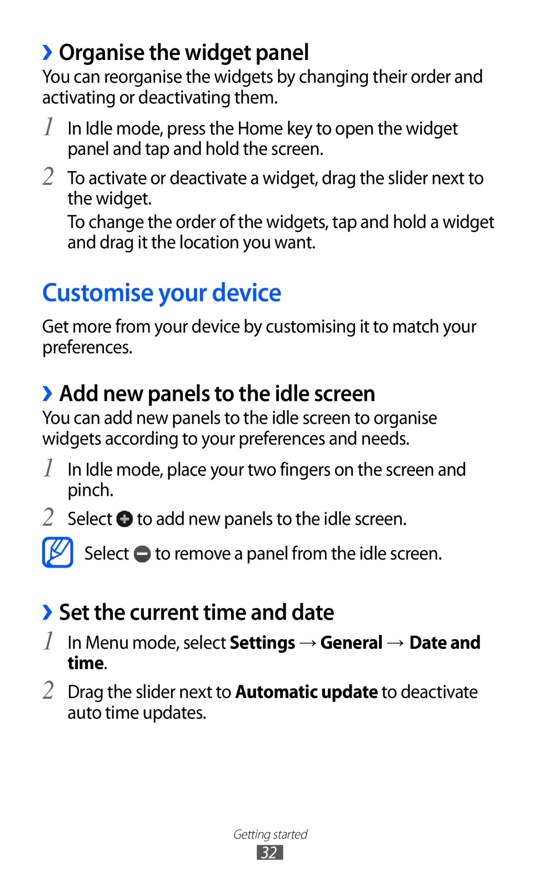 Samsung GT-S8530ISAXEF manual Customise your device, ››Organise the widget panel, ››Add new panels to the idle screen 