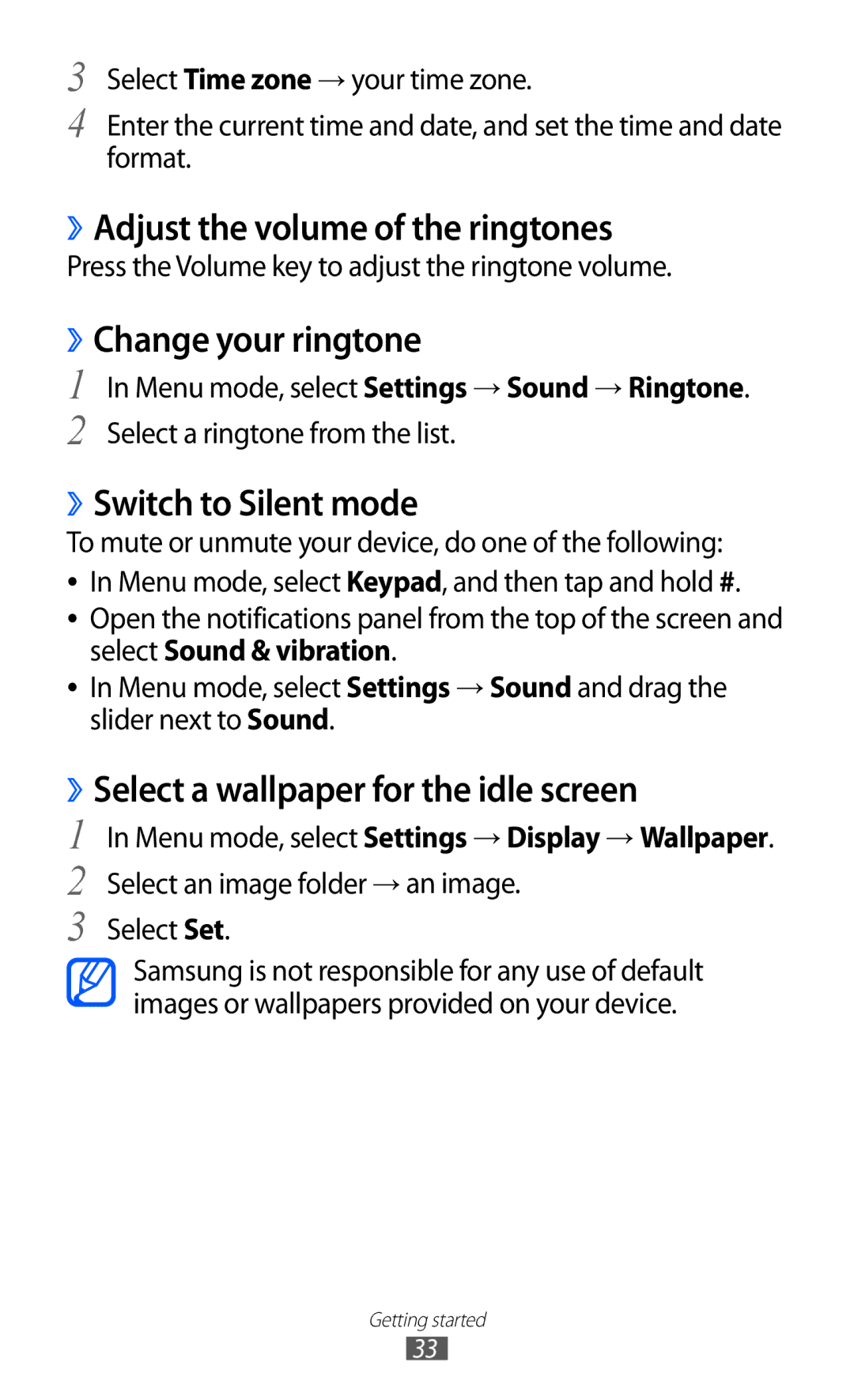 Samsung GT-S8530ISASFR manual ››Adjust the volume of the ringtones, ››Change your ringtone, ››Switch to Silent mode 