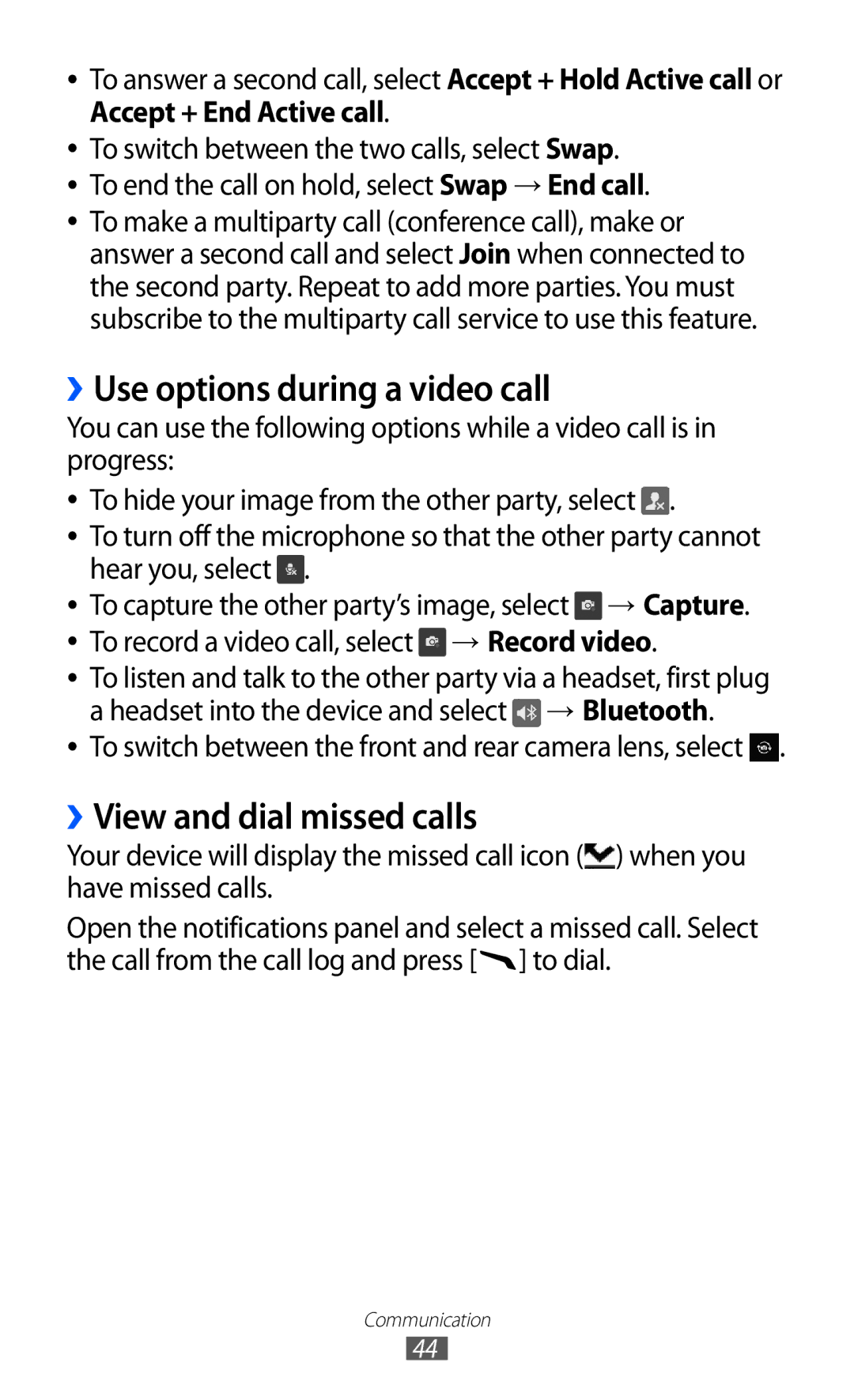 Samsung GT-S8530HKAOMN, GT-S8530ISAVIA, GT-S8530HKAEPL manual ››Use options during a video call, ››View and dial missed calls 