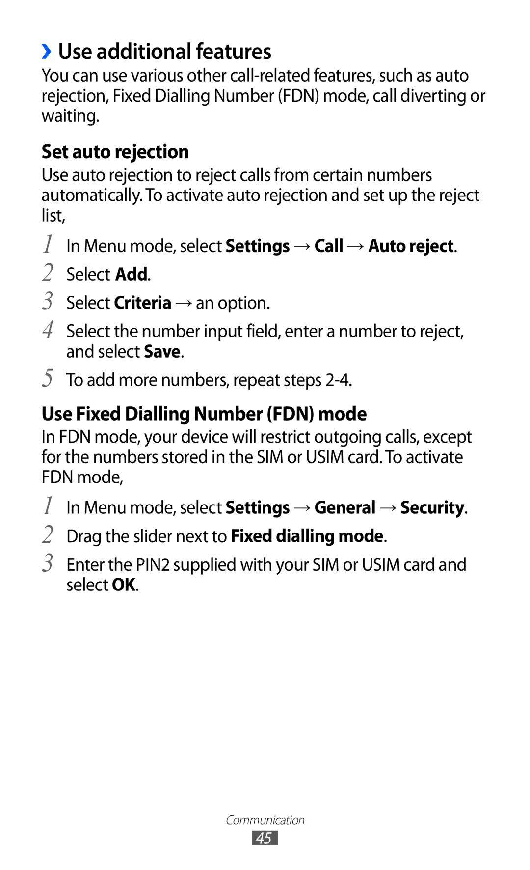 Samsung GT-S8530BAAITV, GT-S8530ISAVIA manual ››Use additional features, Menu mode, select Settings → Call → Auto reject 