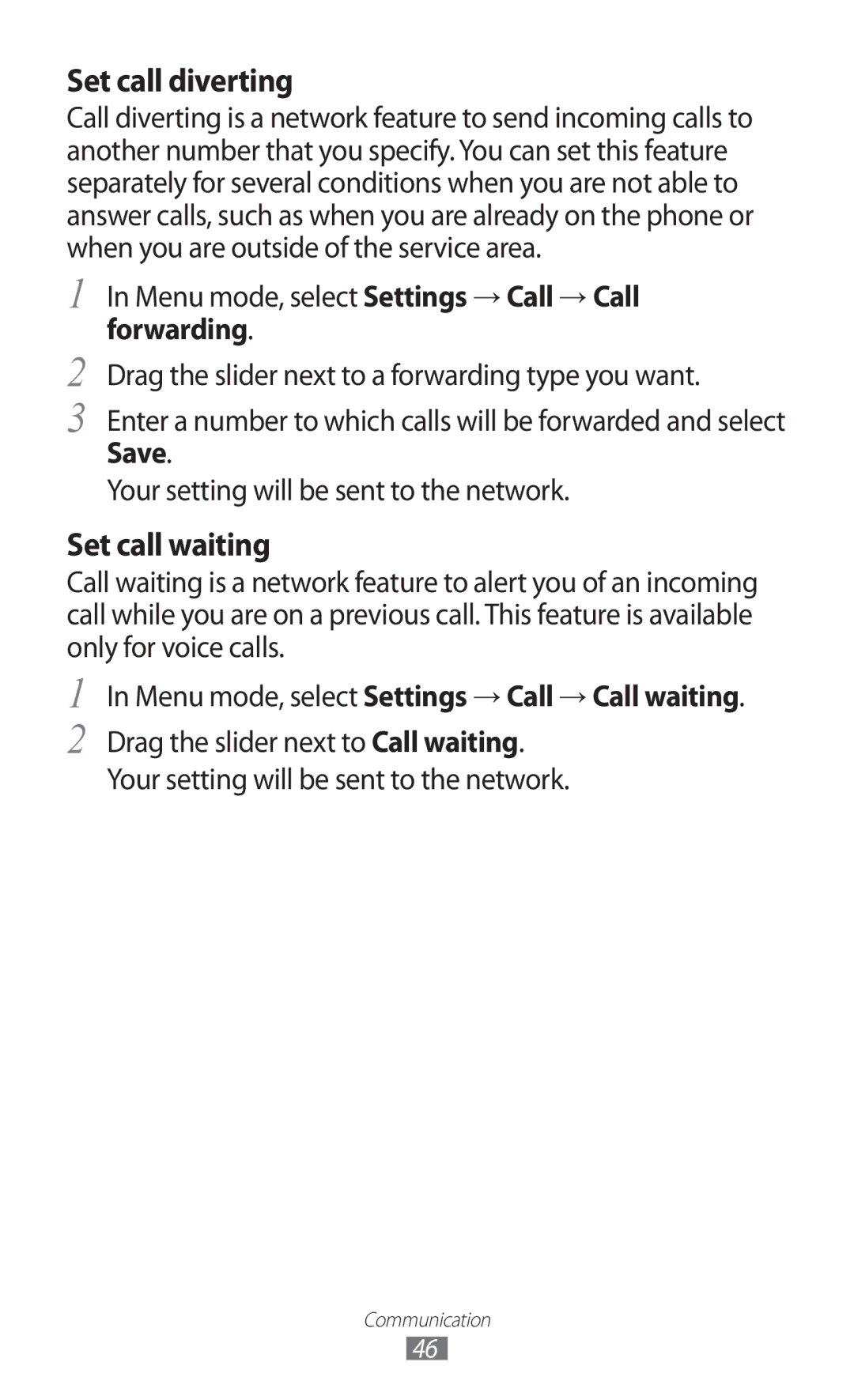 Samsung GT-S8530BAATIM, GT-S8530ISAVIA, GT-S8530HKAEPL Set call diverting, Menu mode, select Settings → Call → Call waiting 