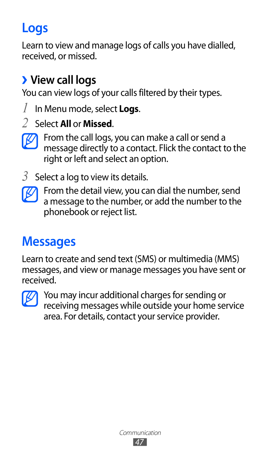 Samsung GT-S8530BAAAMN manual Logs, Messages, ››View call logs, You can view logs of your calls filtered by their types 