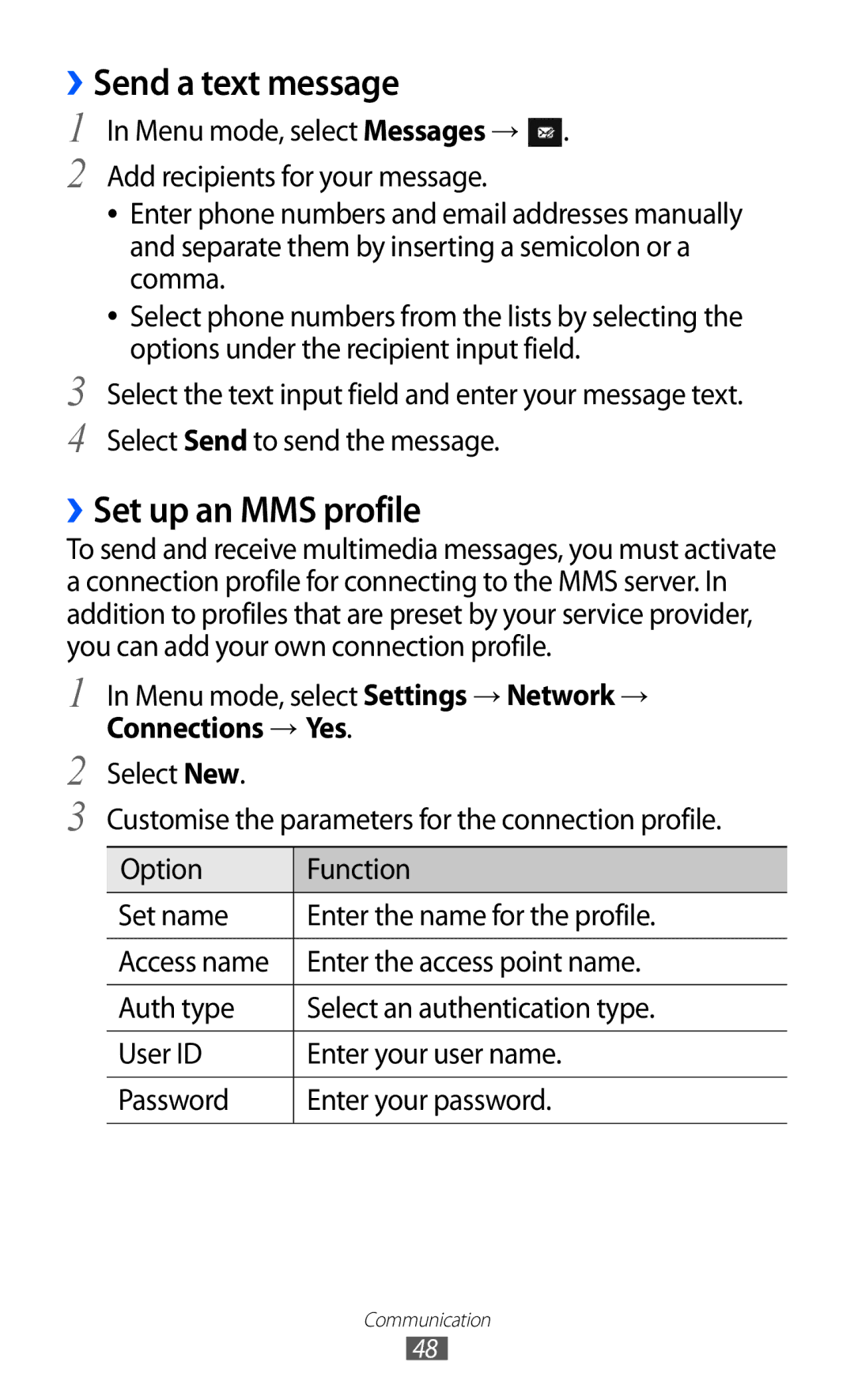 Samsung GT-S8530BAAFOP manual ››Send a text message, ››Set up an MMS profile, Menu mode, select Settings → Network → 