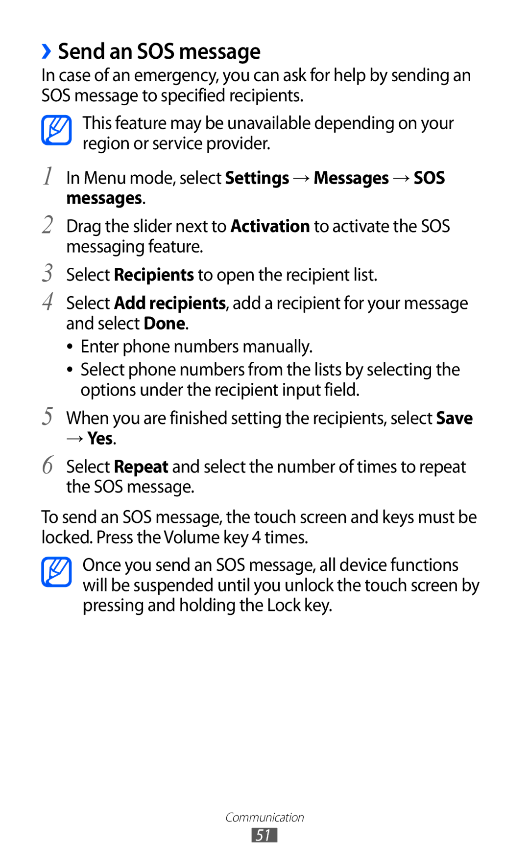 Samsung GT-S8530BAAXEC manual ››Send an SOS message, When you are finished setting the recipients, select Save, → Yes 