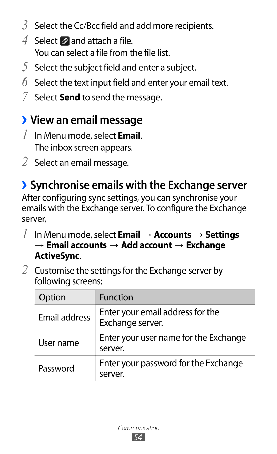 Samsung GT-S8530ISAXEZ ››View an email message, Select an email message, Enter your email address for, Exchange server 