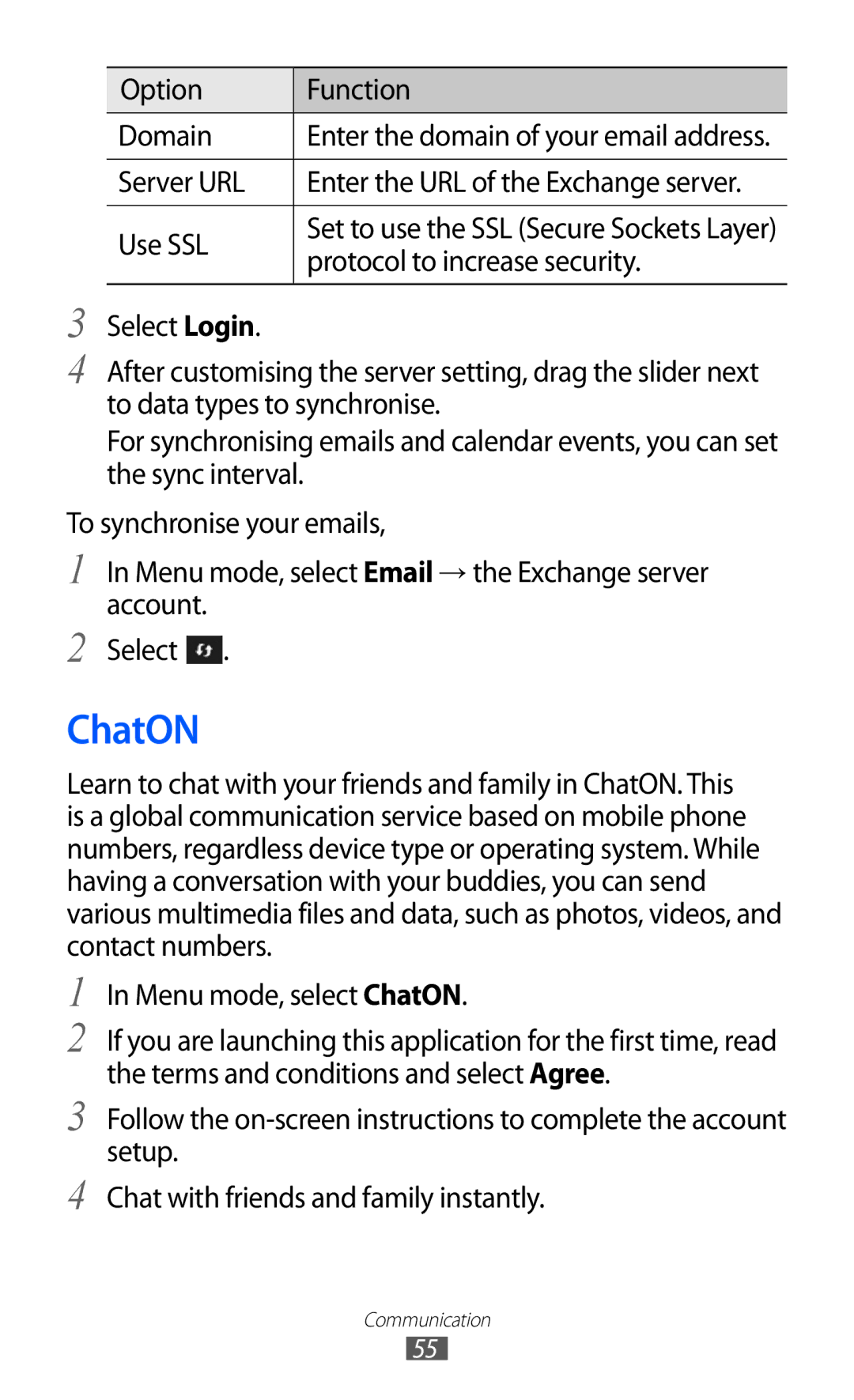 Samsung GT-S8530BAAXEZ, GT-S8530ISAVIA ChatON, Option Function Domain, Server URL, Use SSL, Protocol to increase security 