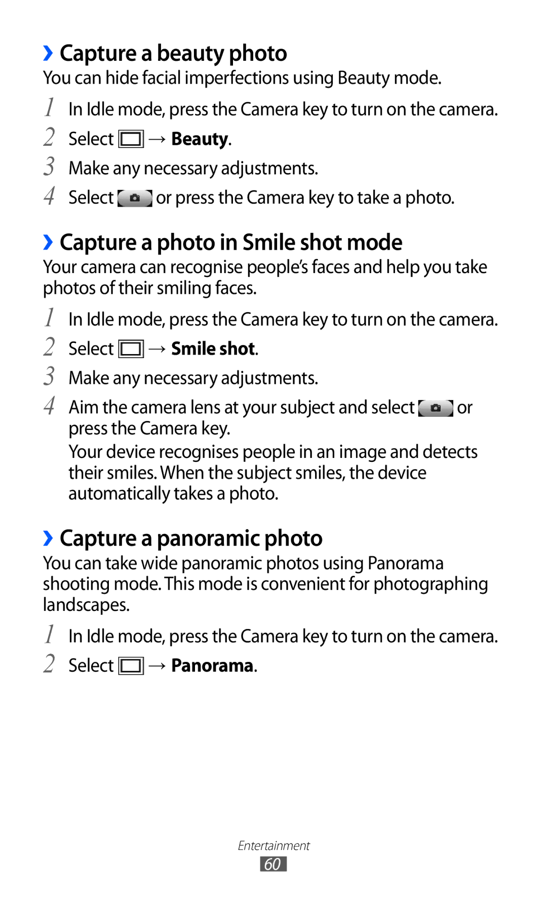 Samsung GT-S8530ISASER manual ››Capture a beauty photo, ››Capture a photo in Smile shot mode, ››Capture a panoramic photo 