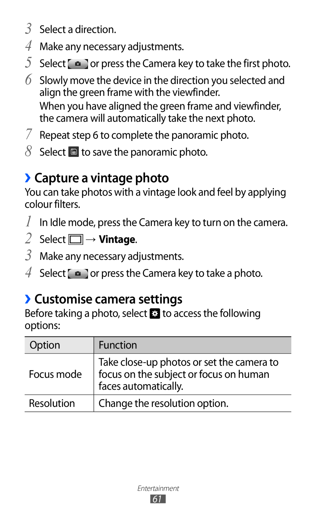 Samsung GT-S8530ISAVIA, GT-S8530HKAEPL, GT-S8530HKADBT manual ››Capture a vintage photo, ››Customise camera settings 