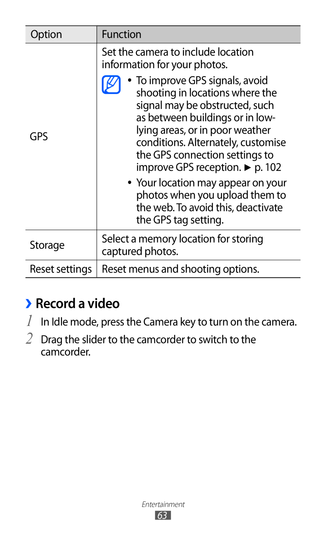 Samsung GT-S8530HKADBT, GT-S8530ISAVIA, GT-S8530HKAEPL, GT-S8530BAAVIA, GT-S8530BAAVD2, GT-S8530BAADBT manual ››Record a video 