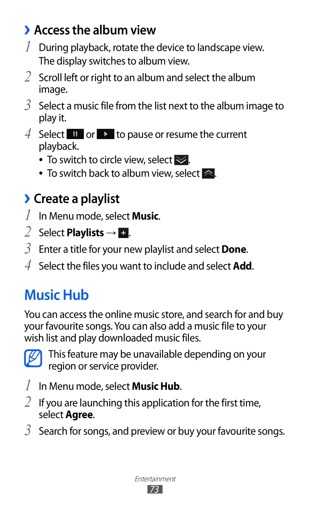 Samsung GT-S8530HKATUR, GT-S8530ISAVIA manual Music Hub, ››Access the album view, ››Create a playlist, Select Playlists → 