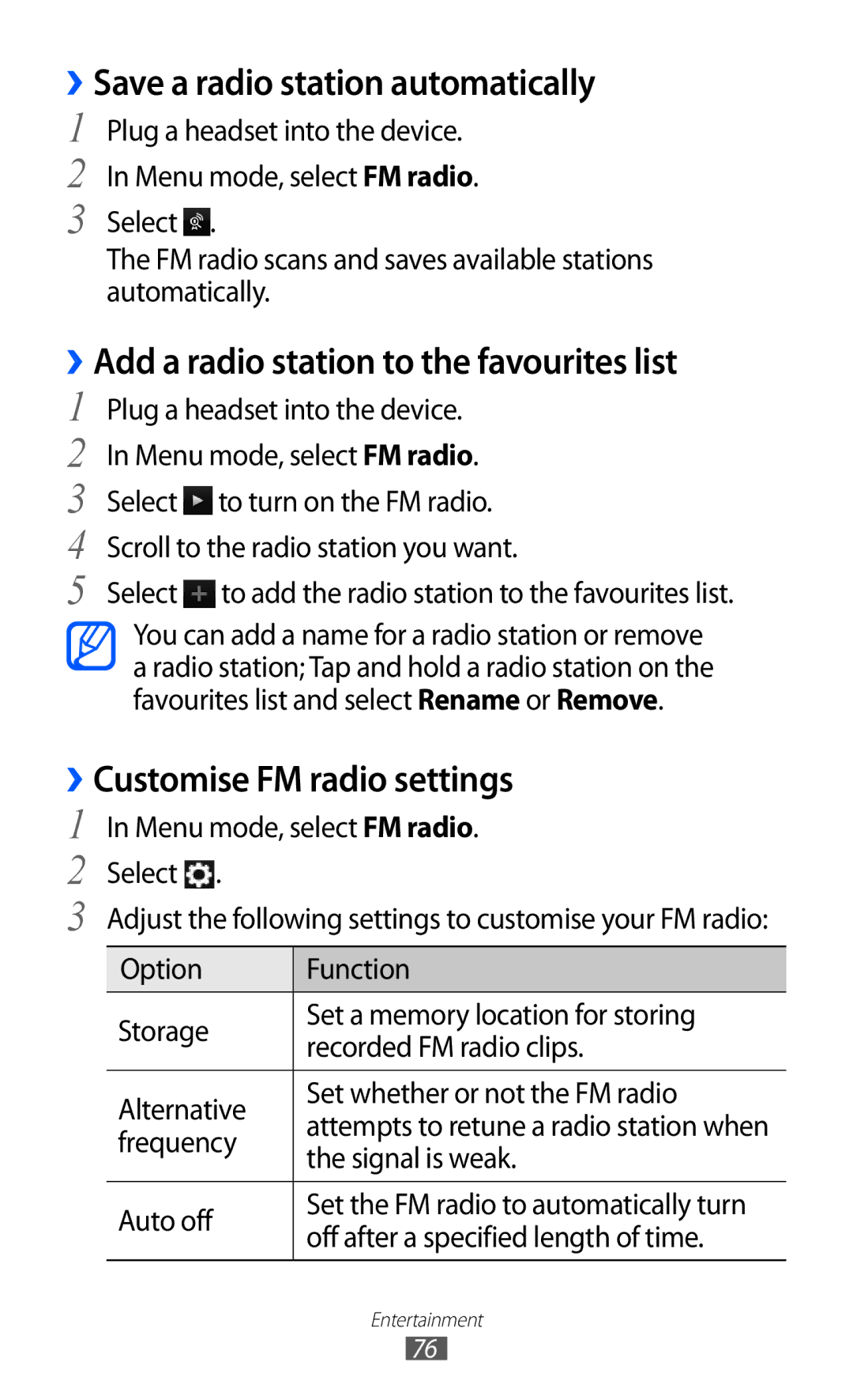 Samsung GT-S8530HKUVGF, GT-S8530ISAVIA ››Save a radio station automatically, ››Add a radio station to the favourites list 