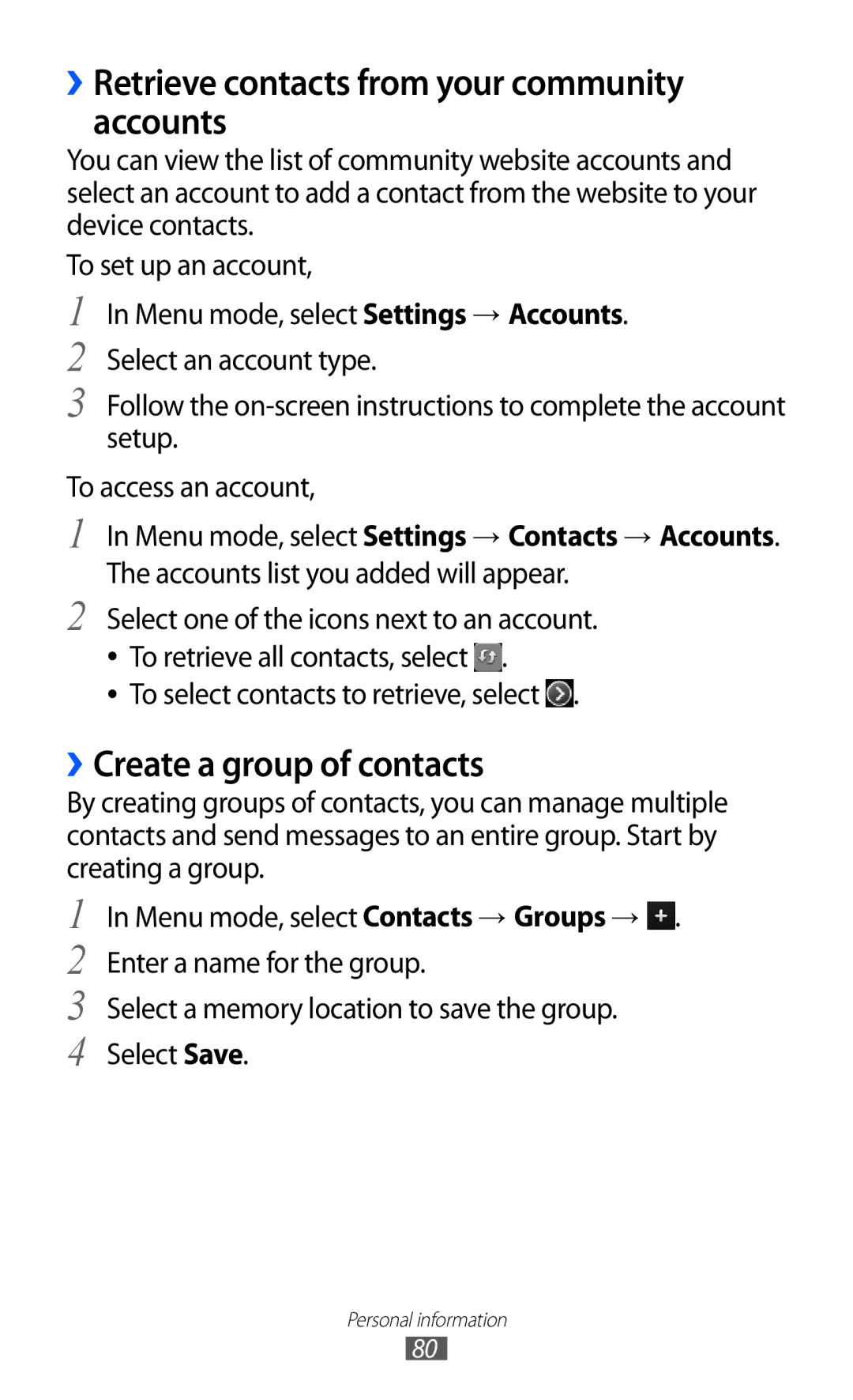 Samsung GT-S8530BAABOG, GT-S8530ISAVIA manual ››Retrieve contacts from your community accounts, ››Create a group of contacts 