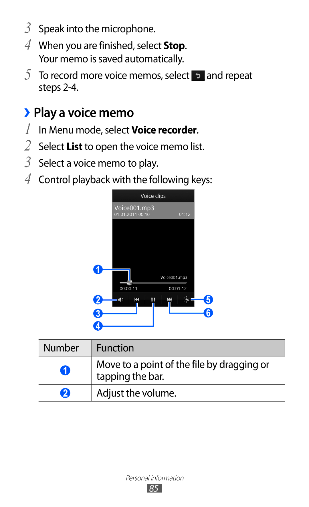 Samsung GT-S8530BAAFTM ››Play a voice memo, Speak into the microphone, To record more voice memos, select and repeat steps 