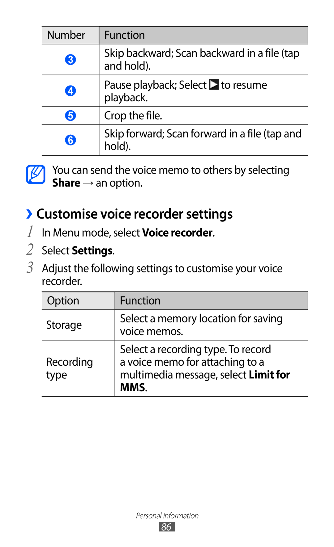 Samsung GT-S8530ISANRJ, GT-S8530ISAVIA, GT-S8530HKAEPL, GT-S8530HKADBT, GT-S8530BAAVIA ››Customise voice recorder settings 