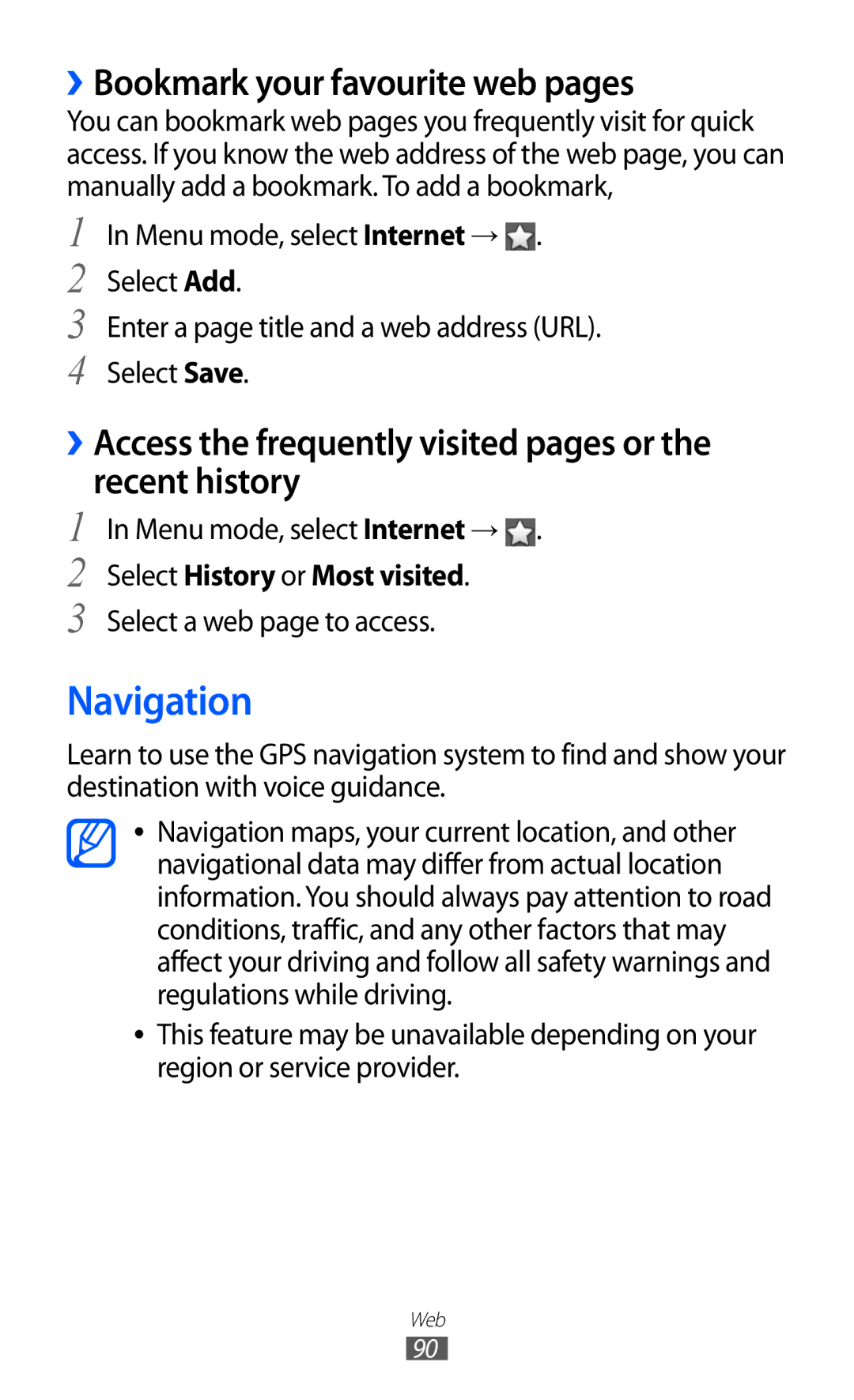 Samsung GT-S8530BAAVGF, GT-S8530ISAVIA Navigation, ››Bookmark your favourite web pages, Select History or Most visited 
