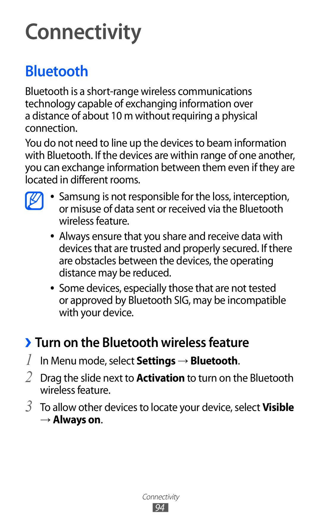 Samsung GT-S8530ISASFR, GT-S8530ISAVIA manual Connectivity, ››Turn on the Bluetooth wireless feature, → Always on 