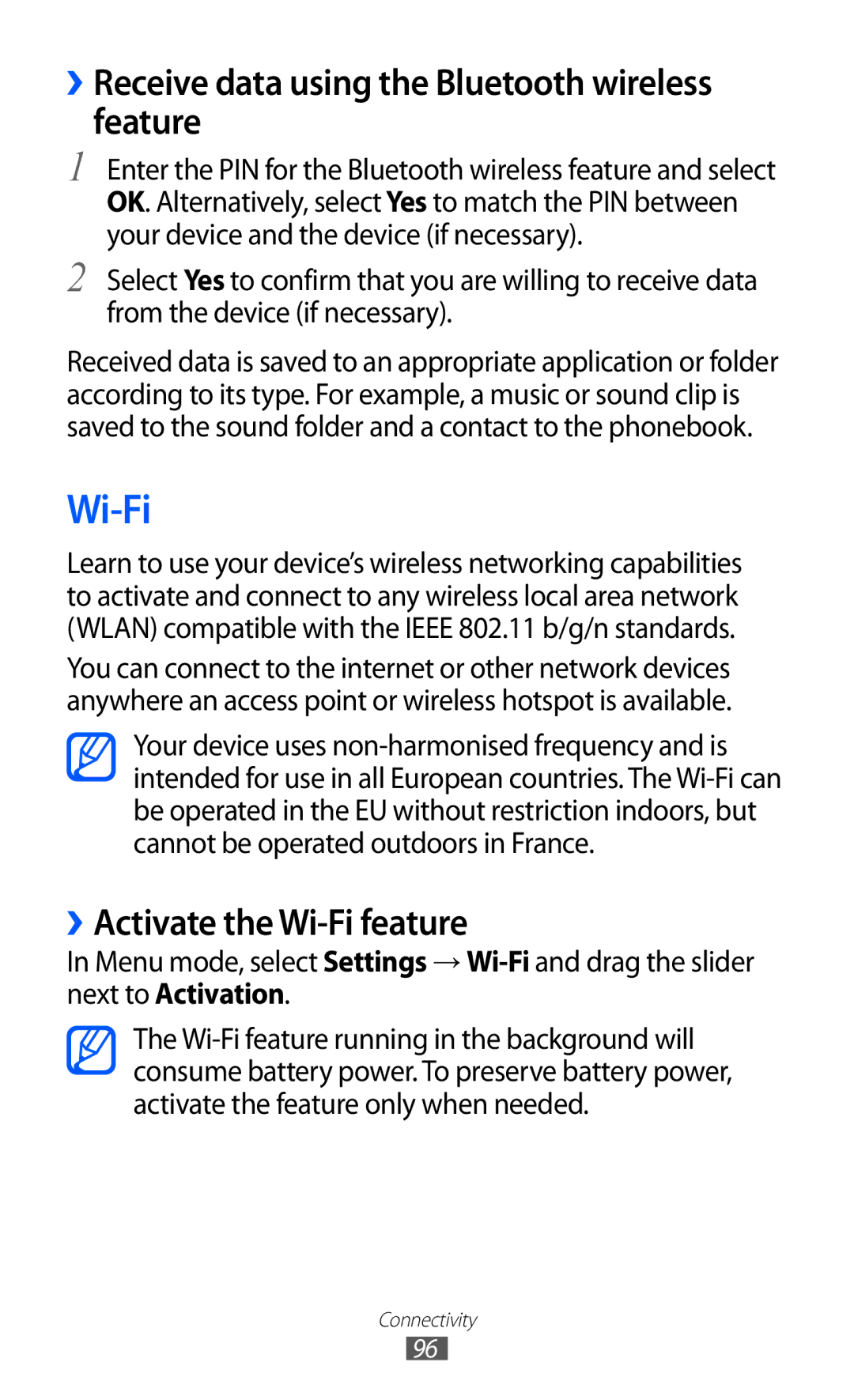 Samsung GT-S8530HKAFWB manual ››Receive data using the Bluetooth wireless feature, ››Activate the Wi-Fi feature 