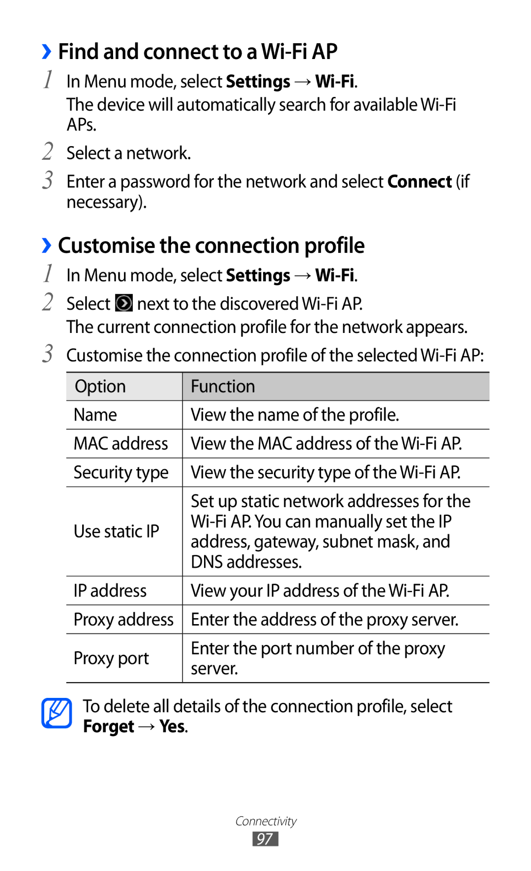 Samsung GT-S8530HKAITV, GT-S8530ISAVIA, GT-S8530HKAEPL ››Find and connect to a Wi-Fi AP, ››Customise the connection profile 