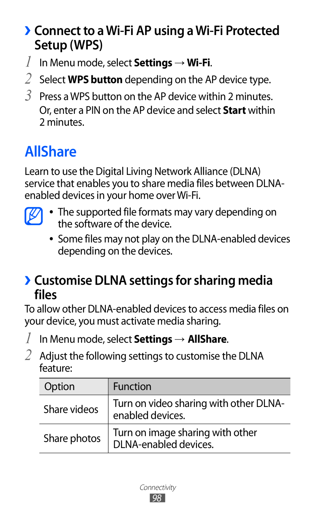 Samsung GT-S8530HKNITV manual AllShare, Setup WPS, ››Customise Dlna settings for sharing media files, Enabled devices 