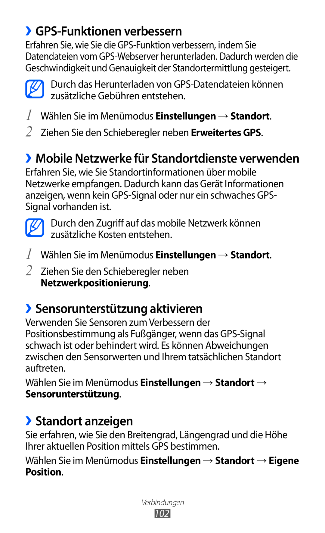 Samsung GT-S8530HKATUR manual ››GPS-Funktionen verbessern, ››Sensorunterstützung aktivieren, ››Standort anzeigen, 102 