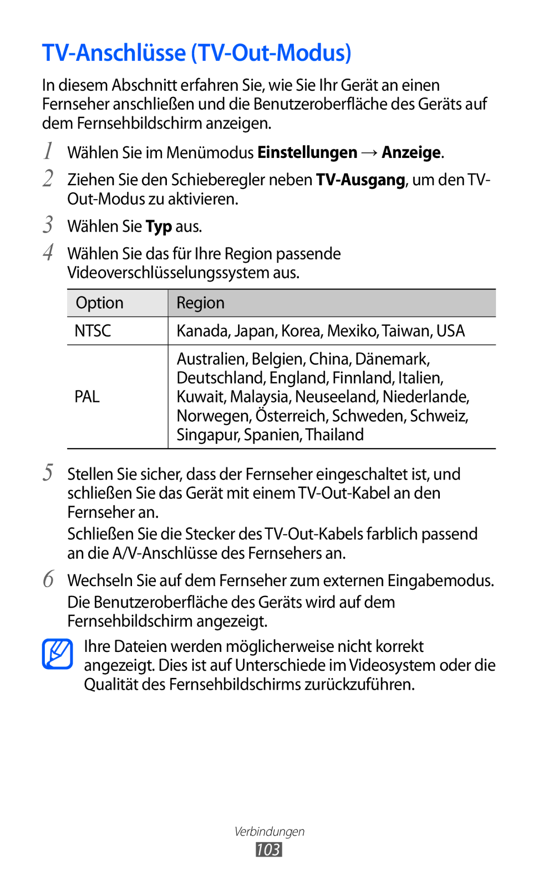 Samsung GT-S8530BANDBT, GT-S8530ISAVIA, GT-S8530HKAEPL, GT-S8530HKADBT, GT-S8530BAAVIA manual TV-Anschlüsse TV-Out-Modus, 103 