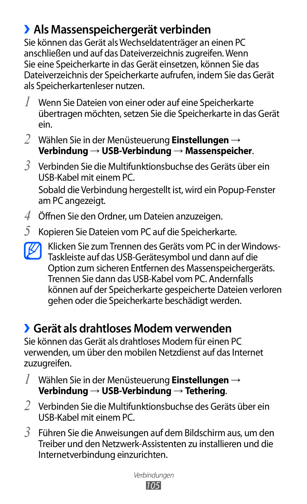 Samsung GT-S8530ISAVIA, GT-S8530HKAEPL ››Als Massenspeichergerät verbinden, ››Gerät als drahtloses Modem verwenden, 105 