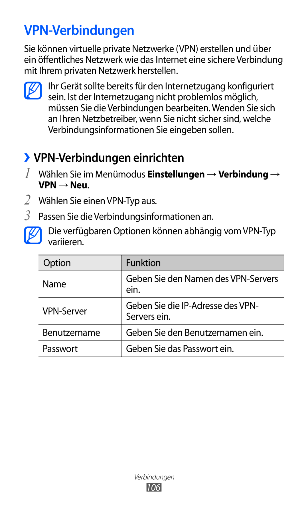 Samsung GT-S8530HKAEPL, GT-S8530ISAVIA, GT-S8530HKADBT, GT-S8530BAAVIA ››VPN-Verbindungen einrichten, VPN-Server, 106 