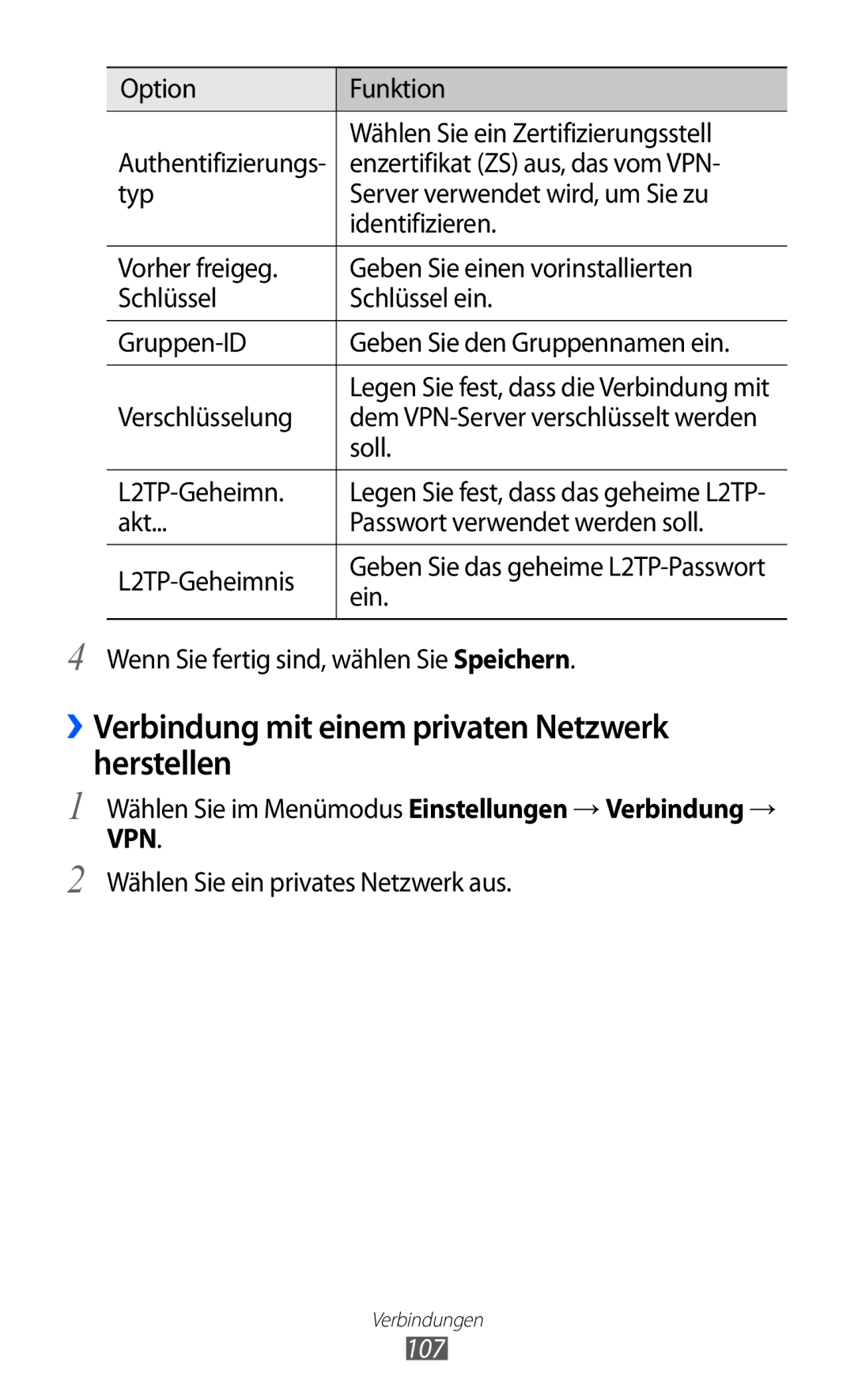 Samsung GT-S8530HKADBT, GT-S8530ISAVIA, GT-S8530HKAEPL manual ››Verbindung mit einem privaten Netzwerk herstellen, 107 