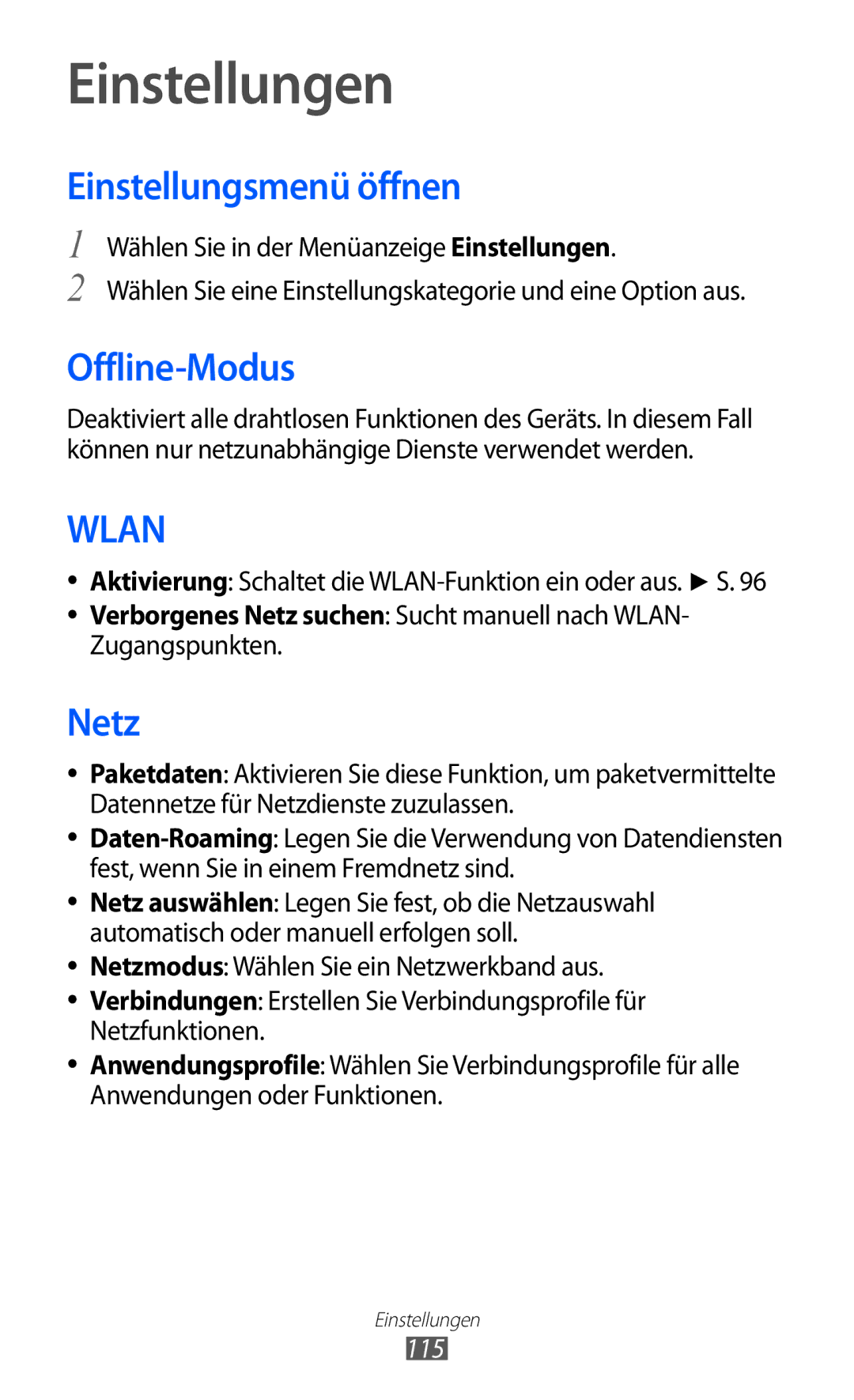 Samsung GT-S8530BAATUR, GT-S8530ISAVIA, GT-S8530HKAEPL, GT-S8530HKADBT Einstellungsmenü öffnen, Offline-Modus, Netz, 115 