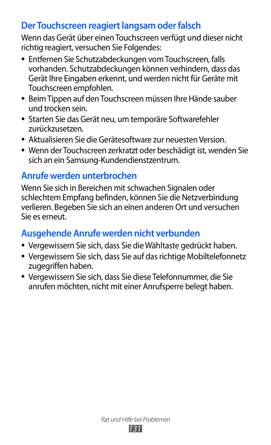 Samsung GT-S8530ISATUR, GT-S8530ISAVIA, GT-S8530HKAEPL, GT-S8530HKADBT Der Touchscreen reagiert langsam oder falsch, 131 