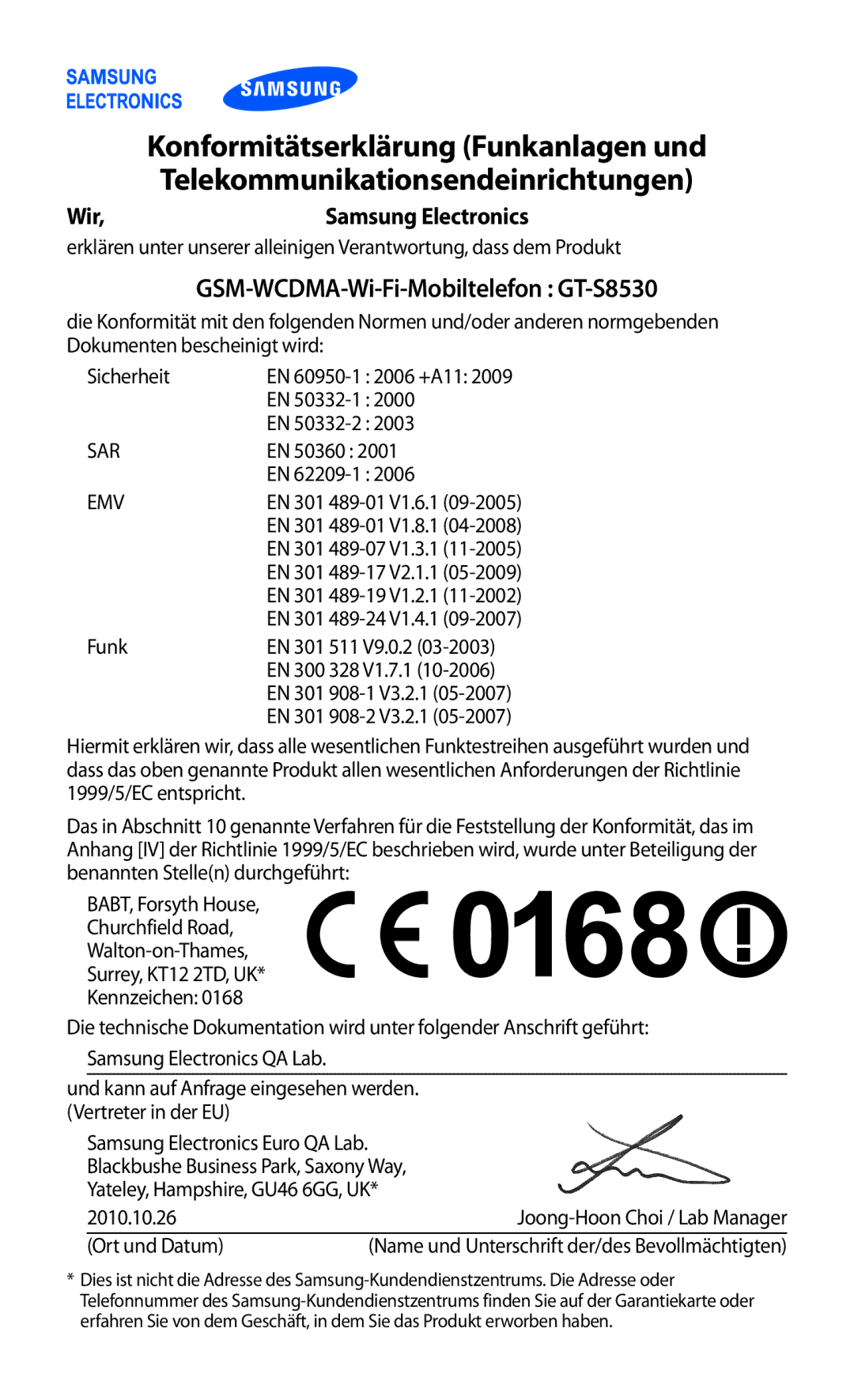 Samsung GT-S8530BAAVIA, GT-S8530ISAVIA manual Konformitätserklärung Funkanlagen und, Telekommunikationsendeinrichtungen 