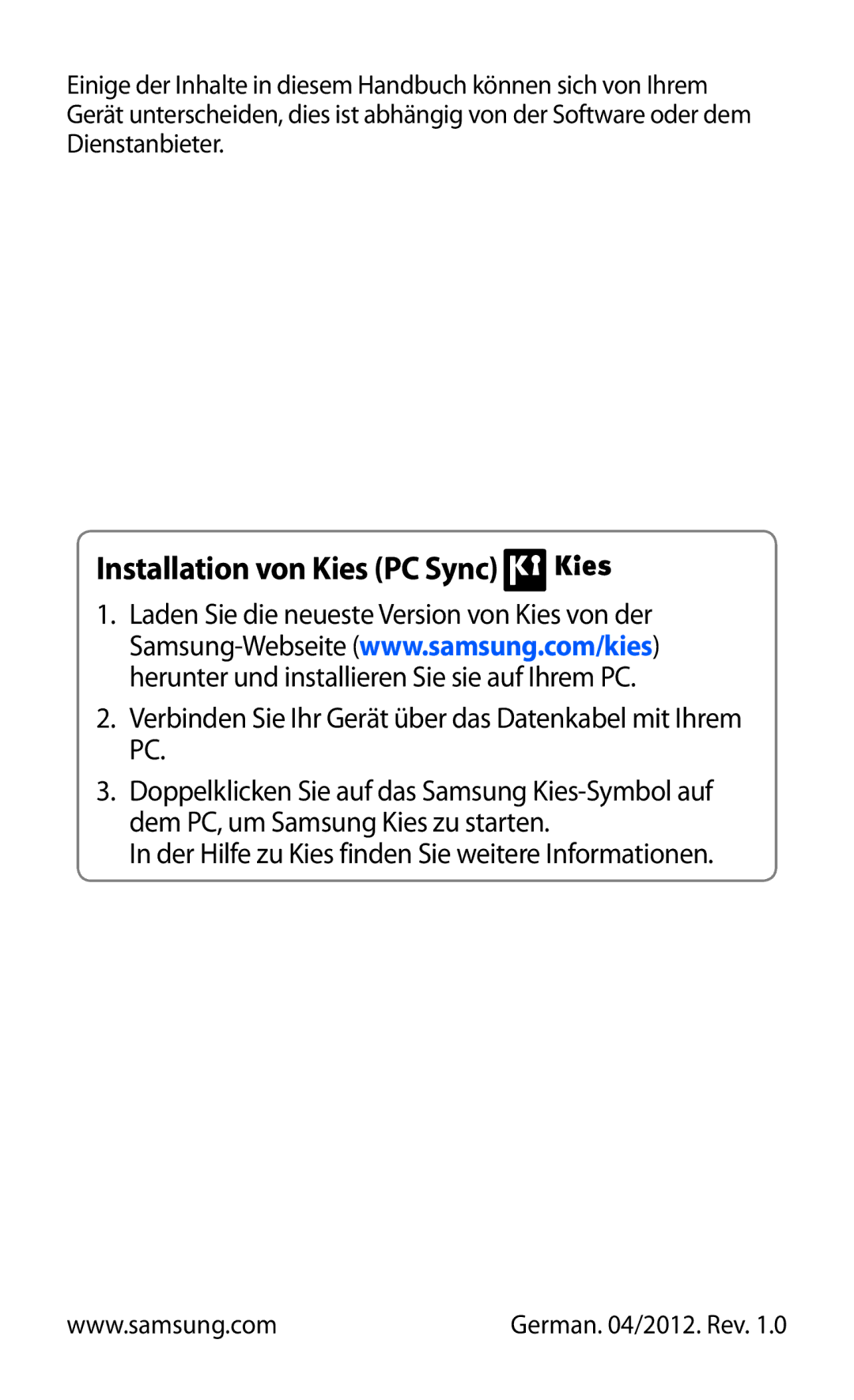 Samsung GT-S8530BAAVD2, GT-S8530ISAVIA, GT-S8530HKAEPL, GT-S8530HKADBT, GT-S8530BAAVIA manual Installation von Kies PC Sync 