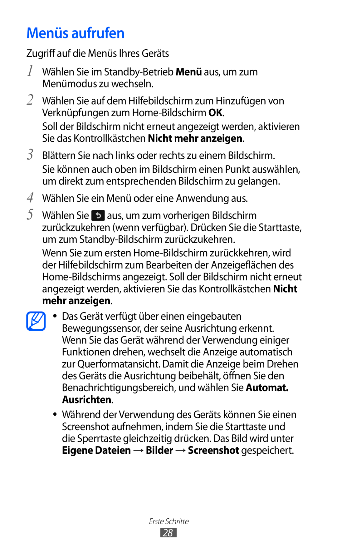 Samsung GT-S8530BANDBT, GT-S8530ISAVIA manual Menüs aufrufen, Blättern Sie nach links oder rechts zu einem Bildschirm 