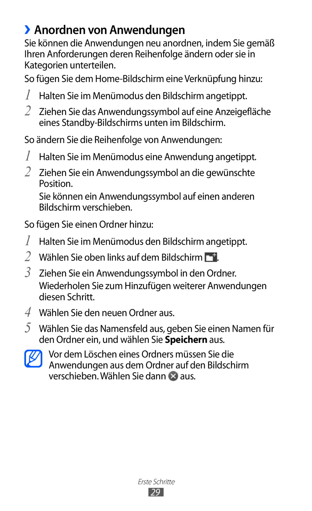 Samsung GT-S8530ISADBT, GT-S8530ISAVIA, GT-S8530HKAEPL, GT-S8530HKADBT, GT-S8530BAAVIA manual ››Anordnen von Anwendungen 