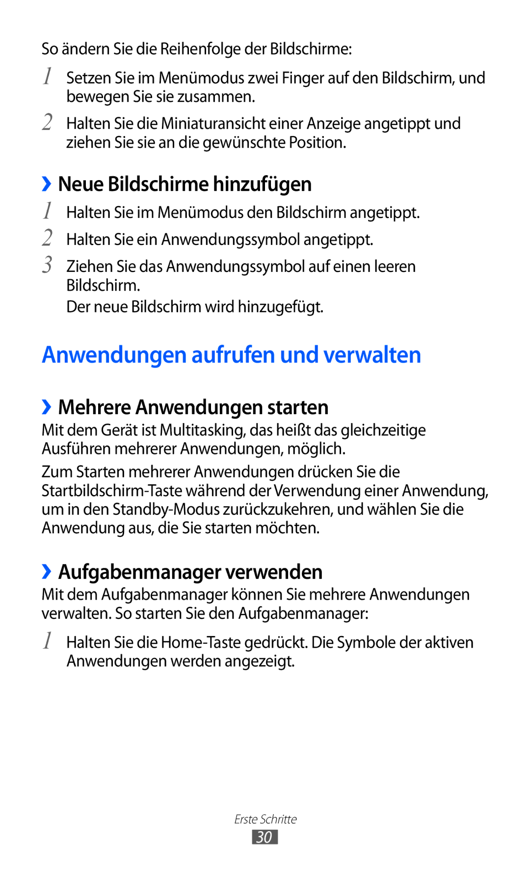 Samsung GT-S8530ISAVIA Anwendungen aufrufen und verwalten, ››Neue Bildschirme hinzufügen, ››Mehrere Anwendungen starten 