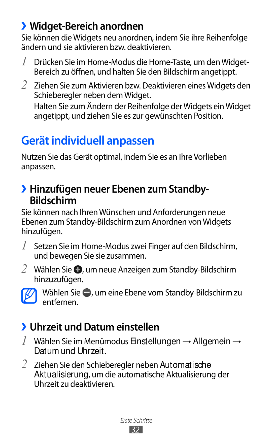 Samsung GT-S8530HKADBT manual Gerät individuell anpassen, ››Widget-Bereich anordnen, ››Uhrzeit und Datum einstellen 