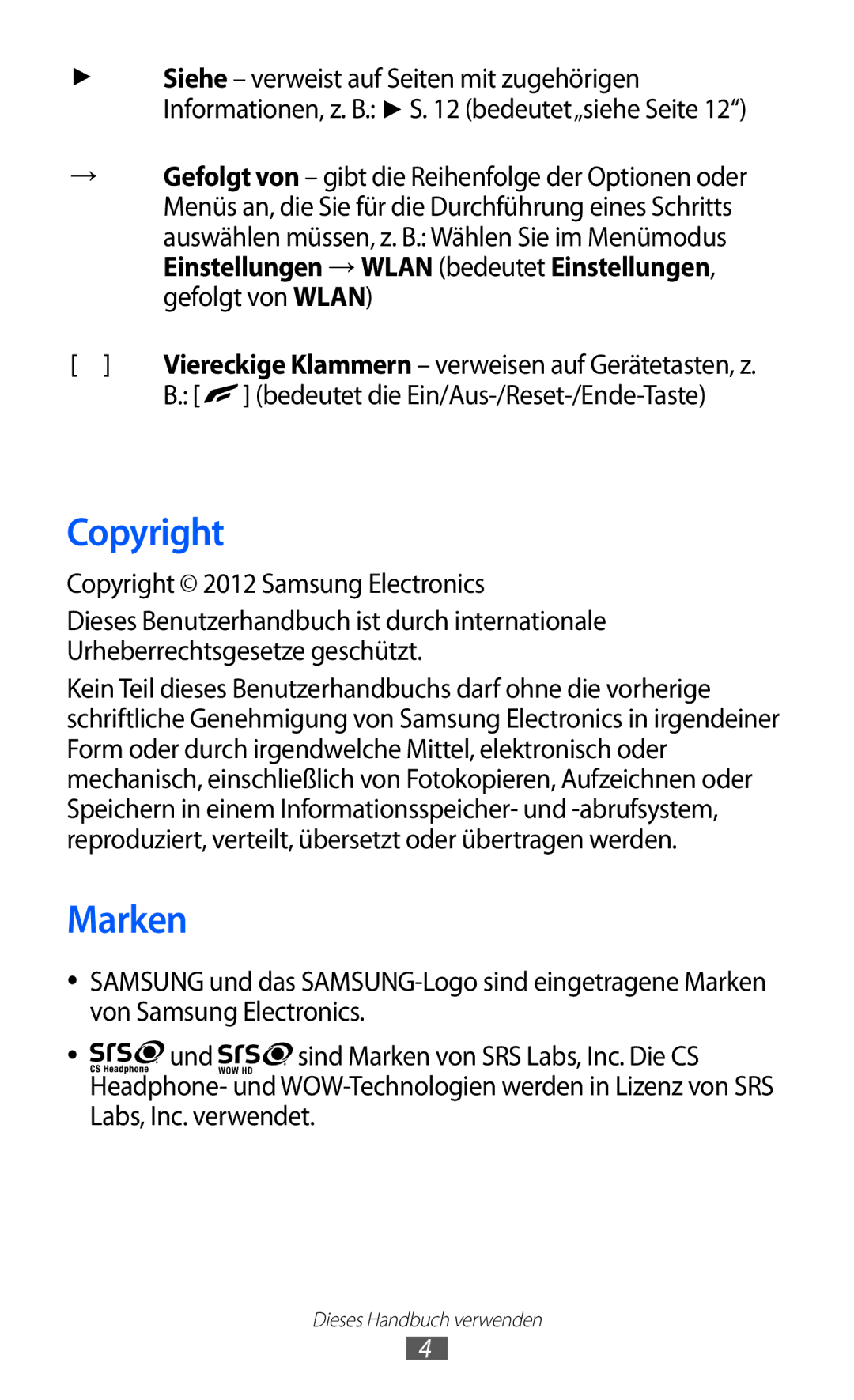 Samsung GT-S8530BAAVD2, GT-S8530ISAVIA, GT-S8530HKAEPL, GT-S8530HKADBT manual Marken, Copyright 2012 Samsung Electronics 