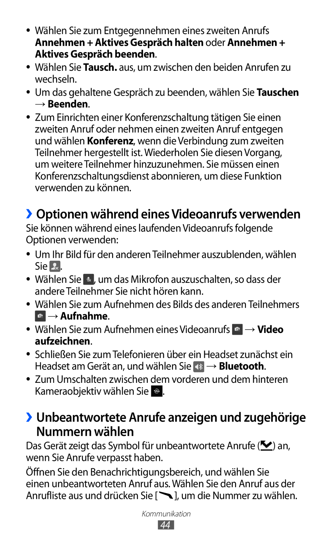 Samsung GT-S8530ISADBT, GT-S8530ISAVIA, GT-S8530HKAEPL, GT-S8530HKADBT, GT-S8530BAAVIA Nummern wählen, → Beenden, → Aufnahme 