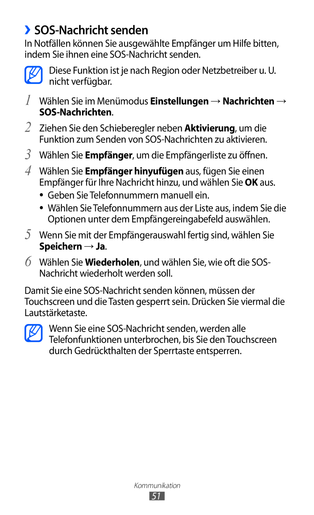 Samsung GT-S8530LIATUR manual ››SOS-Nachricht senden, Wählen Sie Empfänger, um die Empfängerliste zu öffnen, Speichern → Ja 